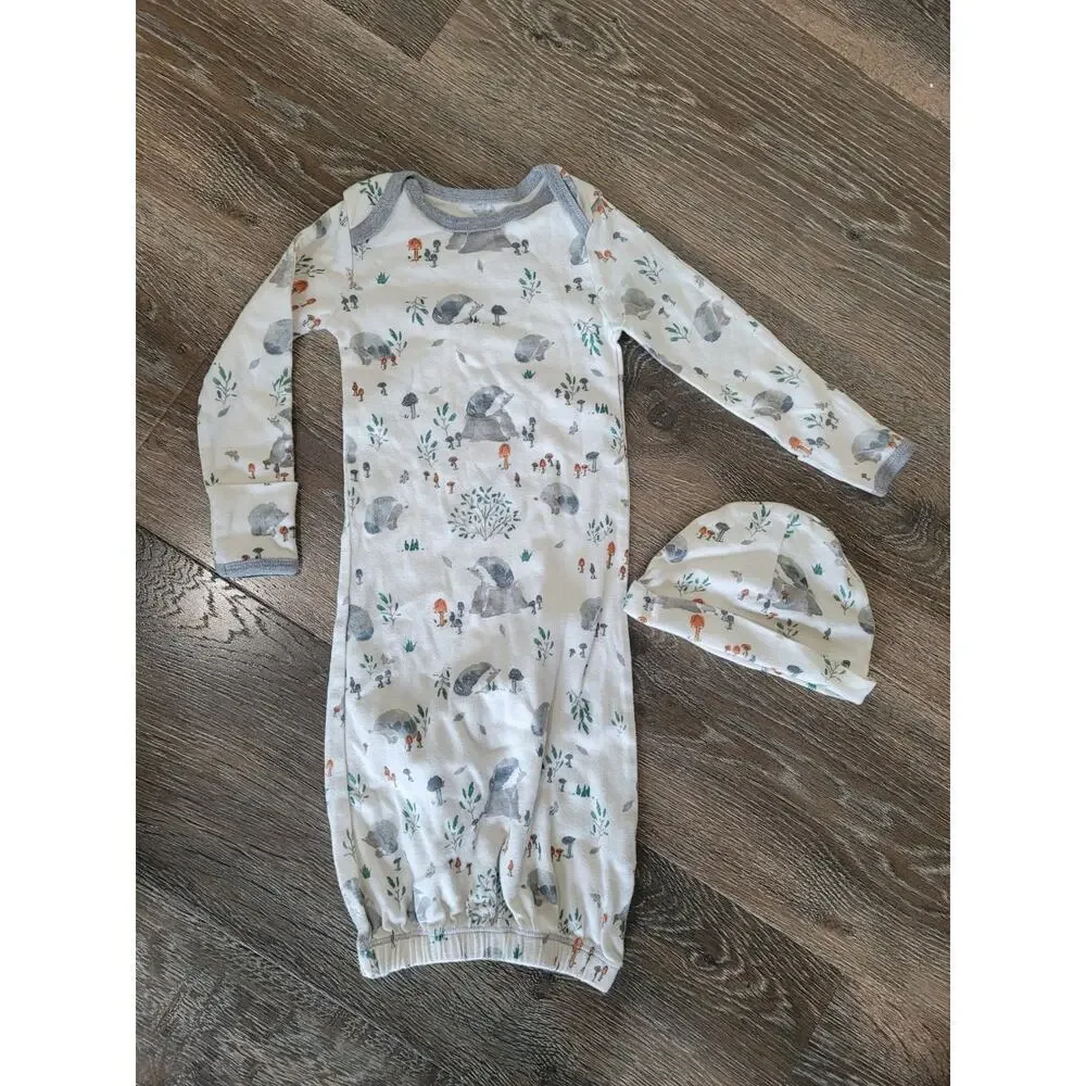 Burt's Bee Baby Gown Sleep size 0-6 Months with Hat Hedgehog‎ Mushrooms #7